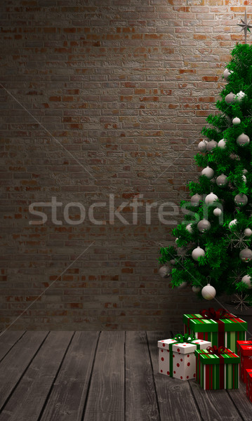 рождественская елка интерьер зеленый зима ночь кирпичных Сток-фото © podsolnukh