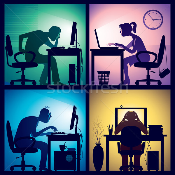 Ore suplimentare om femeie şedinţei întuneric birou Imagine de stoc © polygraphus
