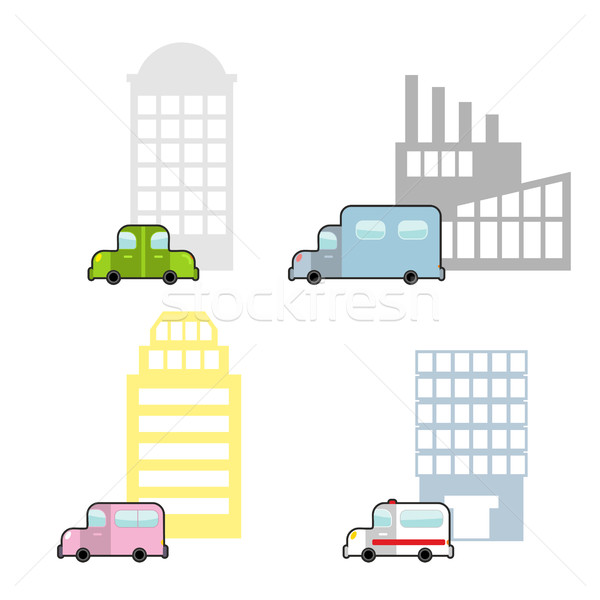 Stock photo: Transport and public buildings set cartoon style. Skyscraper and