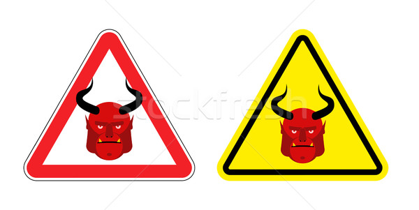Warning sign attention to Satan. Hazard yellow sign of devil. He Stock photo © popaukropa
