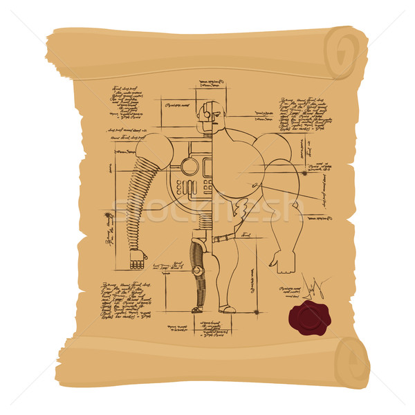Ancient Drawing cyborg on yellow scroll. Cyber construction man  Stock photo © popaukropa