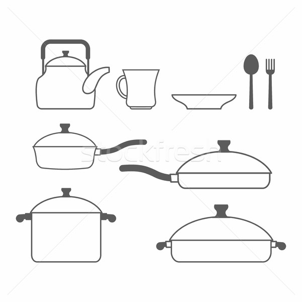 Foto stock: Conjunto · pratos · cozinha · utensílios · linhas · fundo