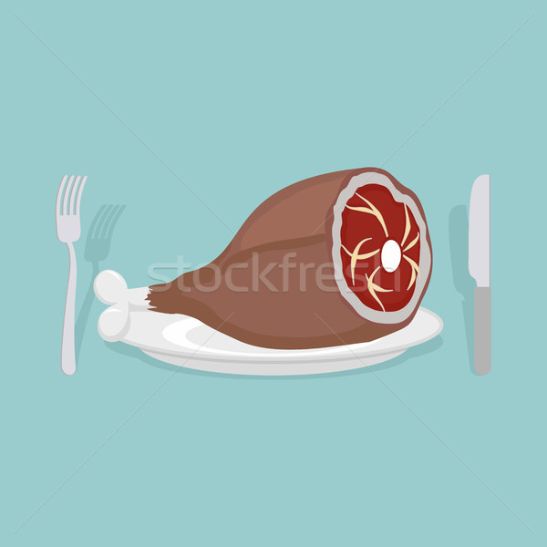 Ham on a plate. Cutlery: knife and fork. Meat on bone. Delicacy  Stock photo © popaukropa