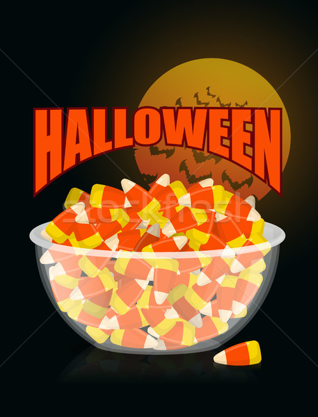 Halloween. bowl and candy corn.Moon and bat. Sweets on plate. Tr Stock photo © popaukropa