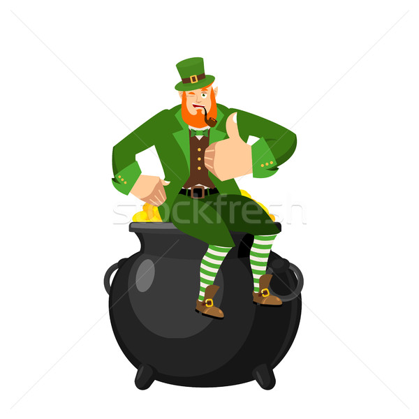 Leprechaun and pot of gold. Dwarf with red beard and boiler of g Stock photo © popaukropa