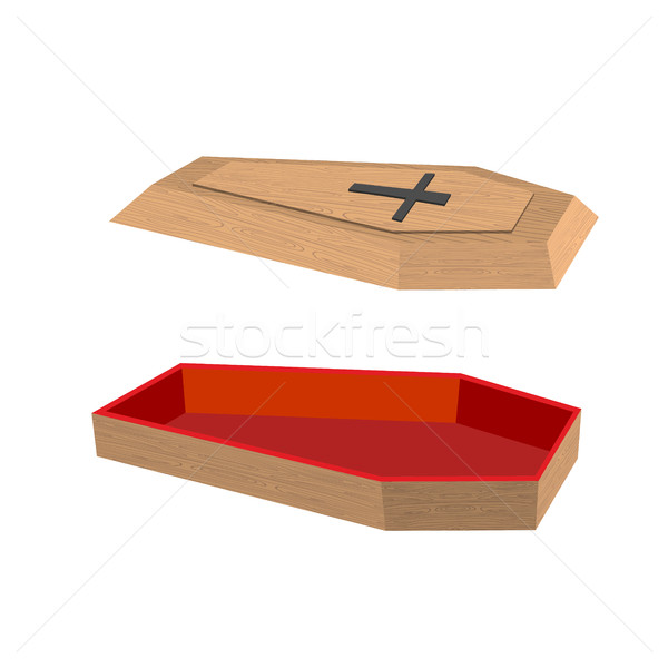 Open coffin on a white background. Lid of a coffin with a cross. Stock photo © popaukropa