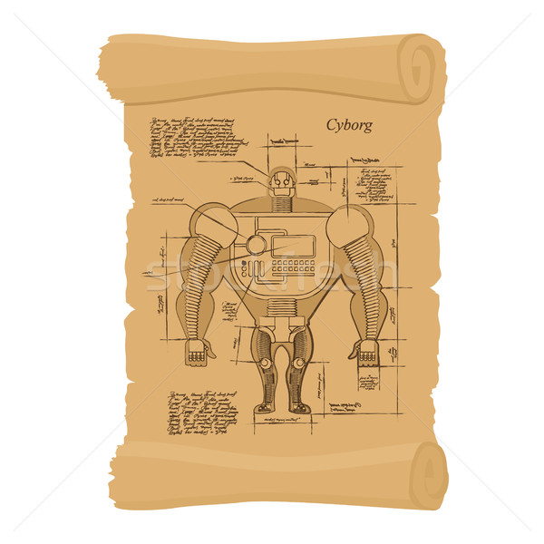 Old scheme of cyborg. Ancient scroll of human Scheme of  robot.  Stock photo © popaukropa