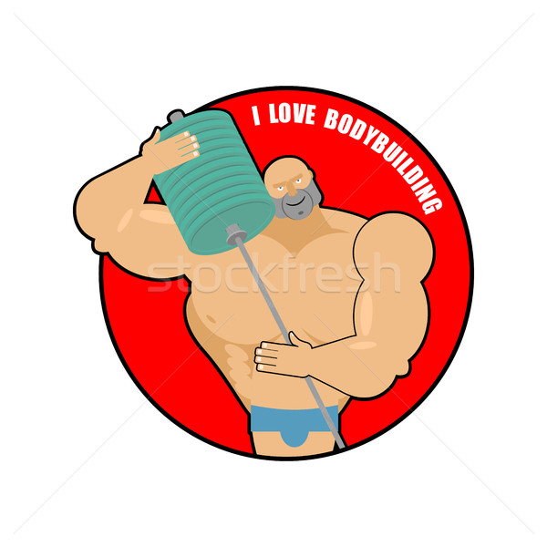 I love bodybuilding. Big strong man hugs athletic barbell. Logo  Stock photo © popaukropa