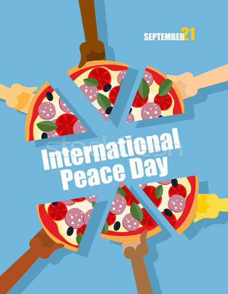 Day of Peace. 21 September international holiday. People eat piz Stock photo © popaukropa