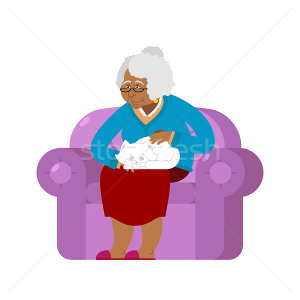 Afroamerikai nagymama macska ül szék nagyi Stock fotó © popaukropa