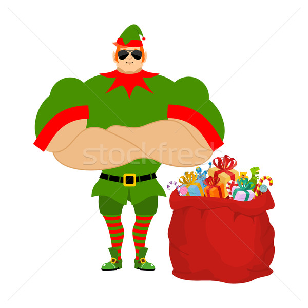 Santa elf and red bag. Claus bodyguards. Christmas guards. Prote Stock photo © popaukropa