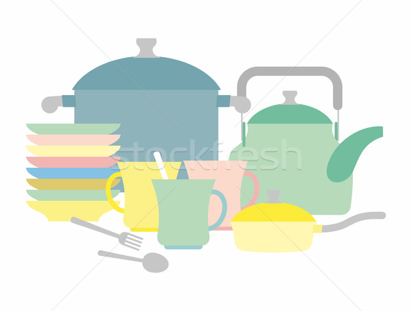 Konyha kellékek bogrács szett tányérok vektor Stock fotó © popaukropa