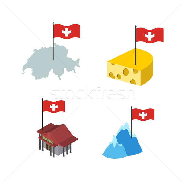 Set  icons Switzerland. Map and cheese, Bank and Alps. Vector il Stock photo © popaukropa