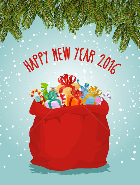 Happy new year. Santa big bag full of presents. Childrens toys a Stock photo © popaukropa