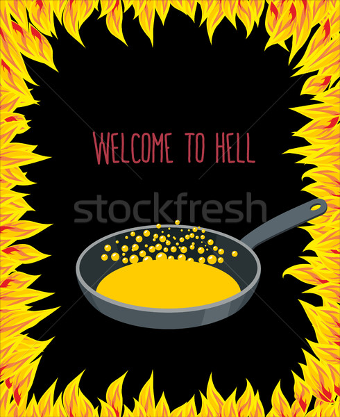 Heated frying pan with boiling oil for sinners. flames of hell.  Stock photo © popaukropa