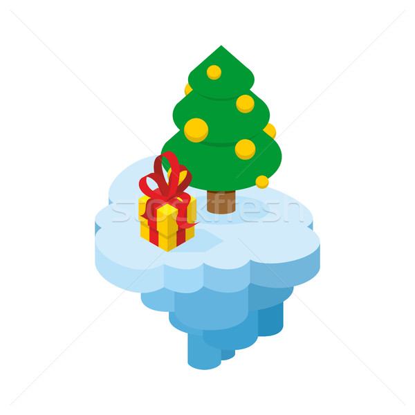 Christmas flying island. Piece of land with tree and present. Ho Stock photo © popaukropa