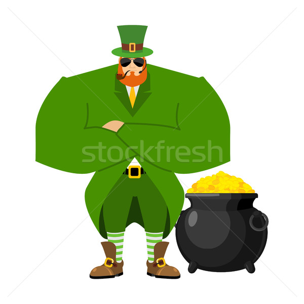 Leprechaun security bodyguard. Dwarf with red beard guarding pot Stock photo © popaukropa