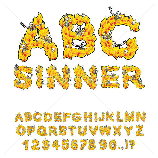 Sinner font. Letters from flames. Skeletons in hell fire. Hellfi Stock photo © popaukropa