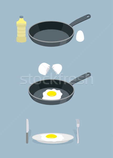 Manual cooking scrambled eggs. Fry  omelette. Frying pan and a b Stock photo © popaukropa