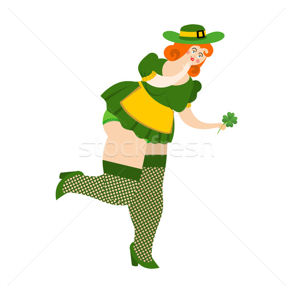 Leprechaun girl with red hair Find clover. Beautiful woman in gr Stock photo © popaukropa