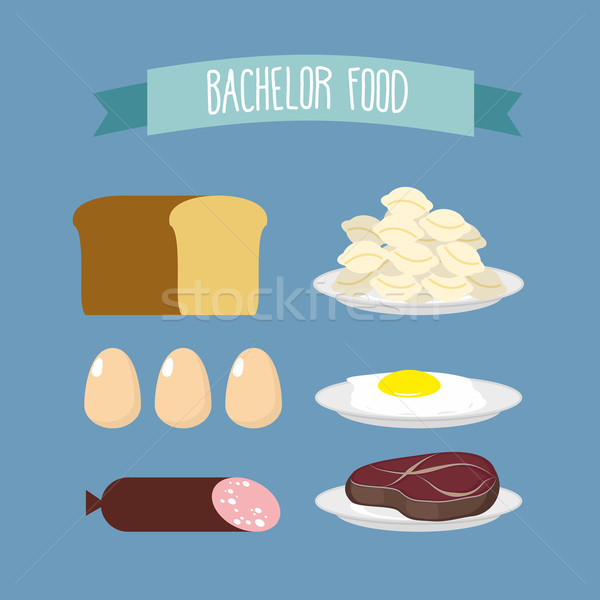 Bachelor food. Set of products for food unmarried men: meat, egg Stock photo © popaukropa