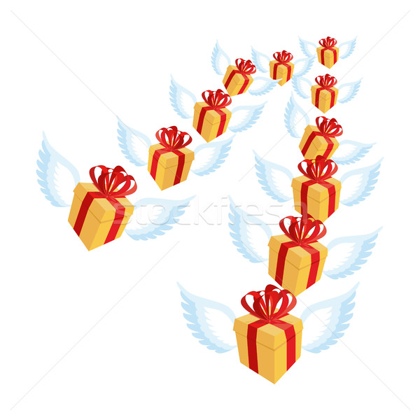 Gift with wings flying flock. Flying gift box with red bow and r Stock photo © popaukropa