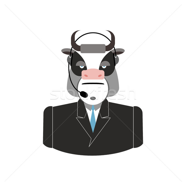 Stock photo: Farm call center. Cow with headset. Bull feedback operator with 