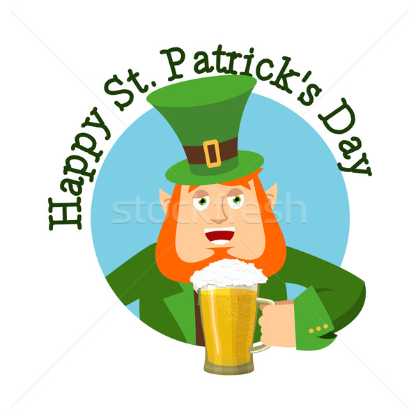 Happy St.Patrick 's Day. Leprechaun and mug beer. Dwarf with red Stock photo © popaukropa