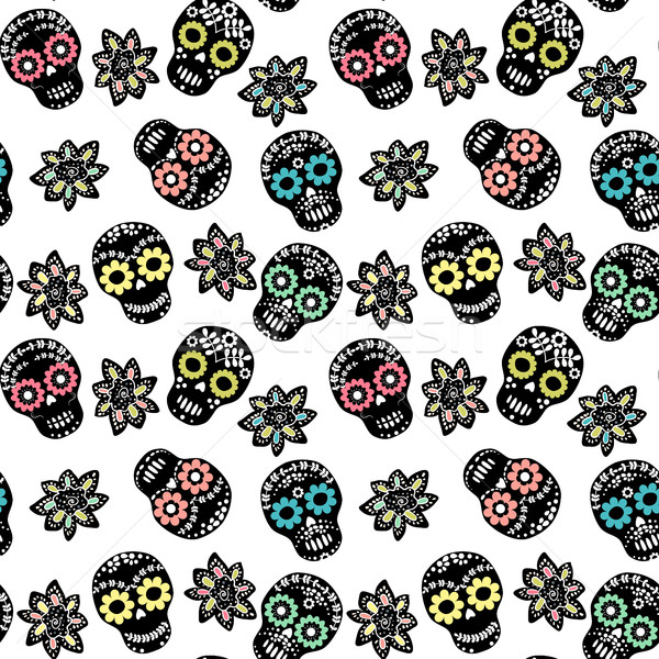 Seamless pattern with floral sugar skulls and flowers  Stock photo © Pravokrugulnik