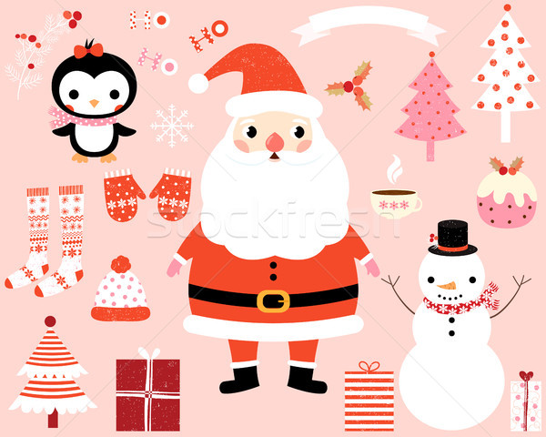 Christmas vector characters and design elements set in cartoon style - Santa Claus, penguin, snowman Stock photo © Pravokrugulnik