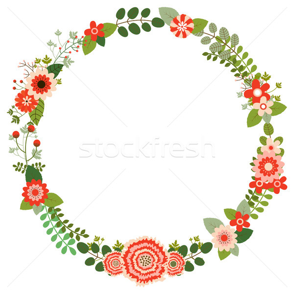 [[stock_photo]]: Vecteur · fleur · couronne · feuilles · vertes · rose · fleurs · rouges