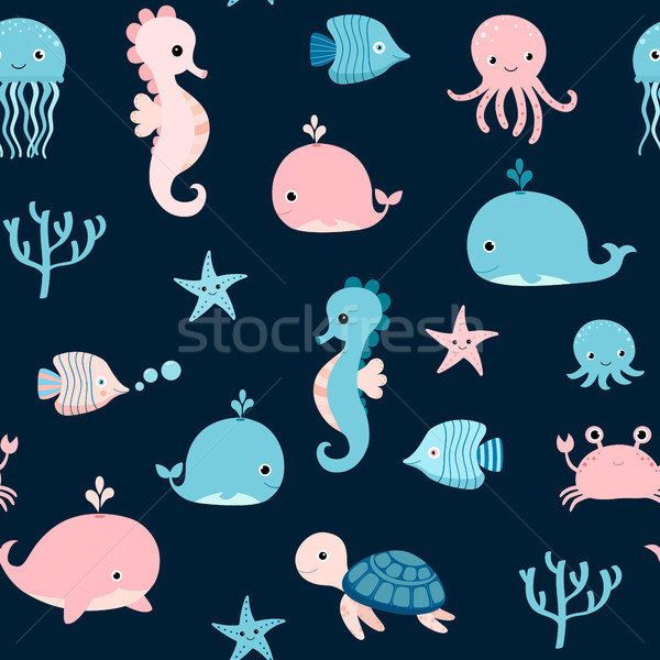 Cute vector seamless pattern with pink and blue sea animals Stock photo © Pravokrugulnik