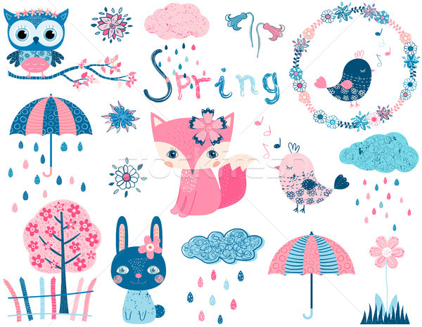 Cute vector set with animal characters and graphic design elements Stock photo © Pravokrugulnik