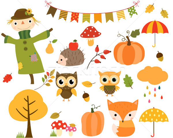 Stock photo: Autumn set of design elements and cartoon animals