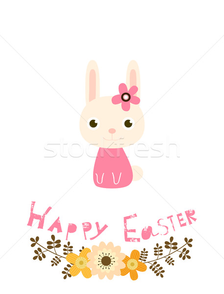 Happy Easter greeting card with flowers, bunny and text Stock photo © Pravokrugulnik