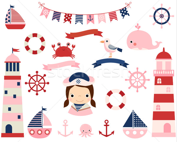 Pink girl nautical vector set with lighthouses, boats  Stock photo © Pravokrugulnik