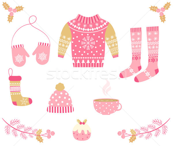 Cute vector set with warm winter clothes in pink and gold colors Stock photo © Pravokrugulnik