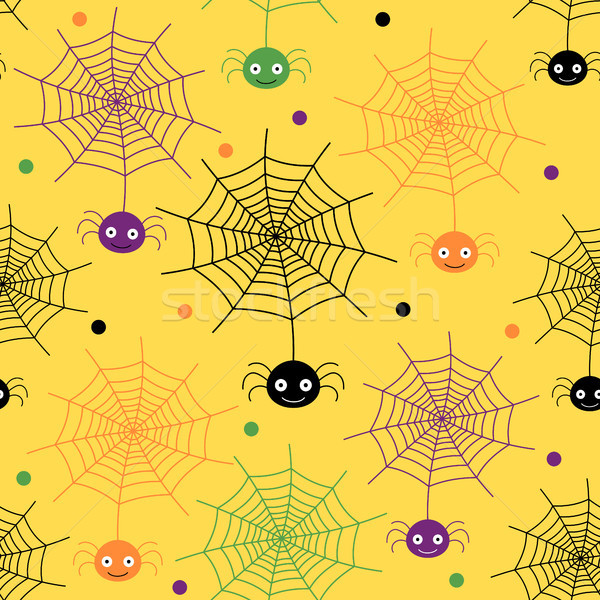 Cute and funny Halloween seamless background pattern with spiders with smiling faces in black, orang Stock photo © Pravokrugulnik