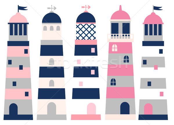 Vector set with lighthouses in pink, blue and grey colors Stock photo © Pravokrugulnik