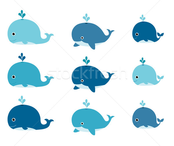 Cute vector set with blue cartoon whales for invitations Stock photo © Pravokrugulnik