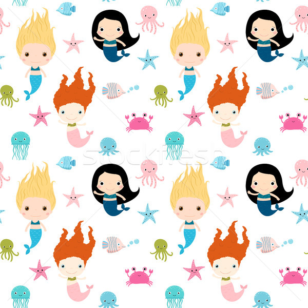 Cute seamless pattern with mermaids and sea animals Stock photo © Pravokrugulnik