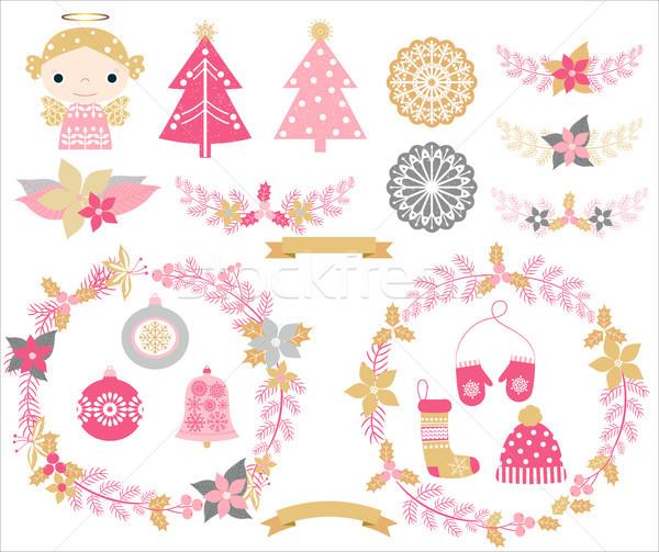 Stock foto: Cute · Vektor · Set · Weihnachten · Design · Elemente