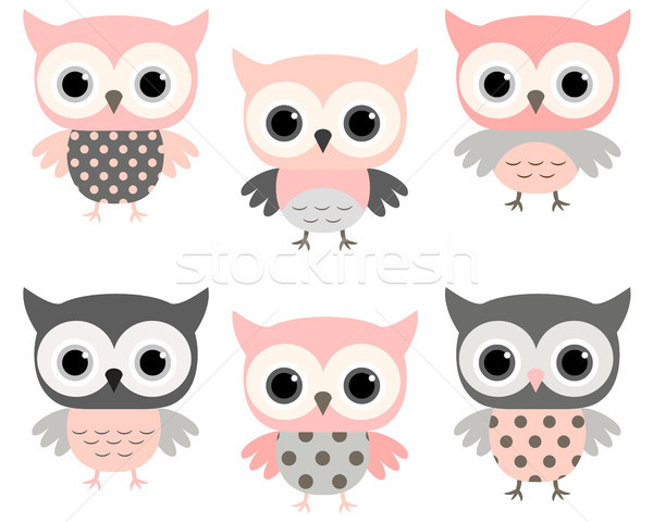 Cute pink and grey cartoon owls vector set for baby showers Stock photo © Pravokrugulnik