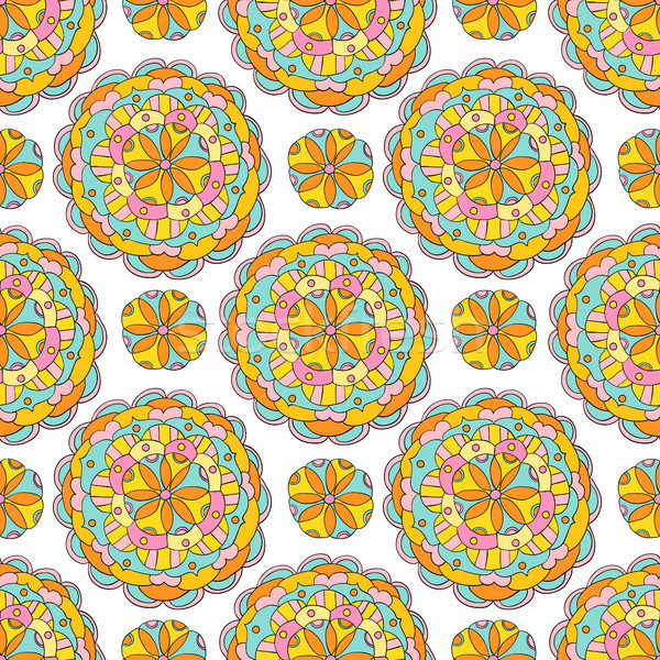 Vector ethnic seamless pattern with flower mandALA ornaments in bright pink and yellow colors. Geome Stock photo © Pravokrugulnik