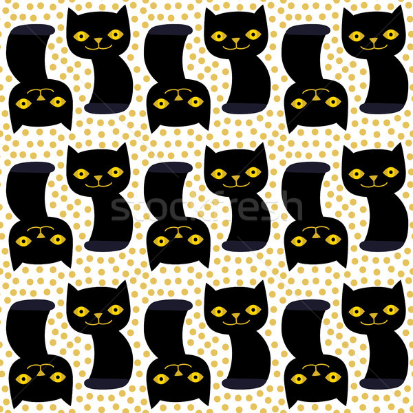 Seamless pattern with cute cartoon vector cat in flat style in black, white and gold colors for text Stock photo © Pravokrugulnik