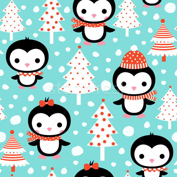 Cute Vector Seamless Pattern With Kawaii Penguins With