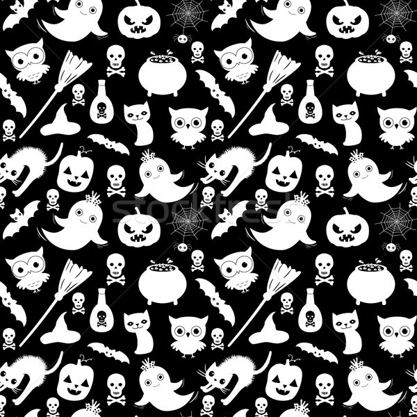Cute black and white vector seamless Halloween pattern in flat style with cartoon animals and object Stock photo © Pravokrugulnik