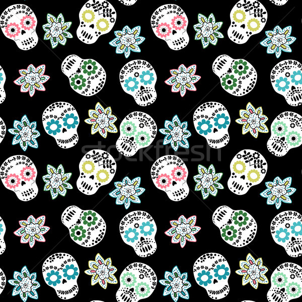 Vector seamless pattern with white floral sugar skulls Stock photo © Pravokrugulnik