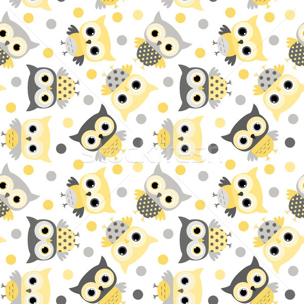 Cute animal seamless pattern with cartoon owls in yellow and grey Stock photo © Pravokrugulnik