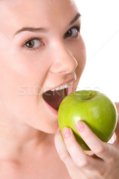 Foto stock: Alimentação · maçã · retrato · bastante · menina · abrir